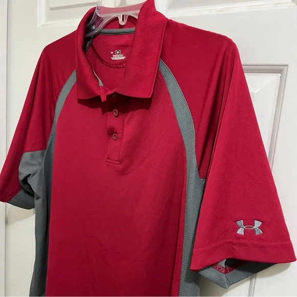 UNDER ARMOUR HEATGEAR PERFORMANCE POLO SHIRT sz Men Large short sleeve red/gray - Picture 3 of 16
